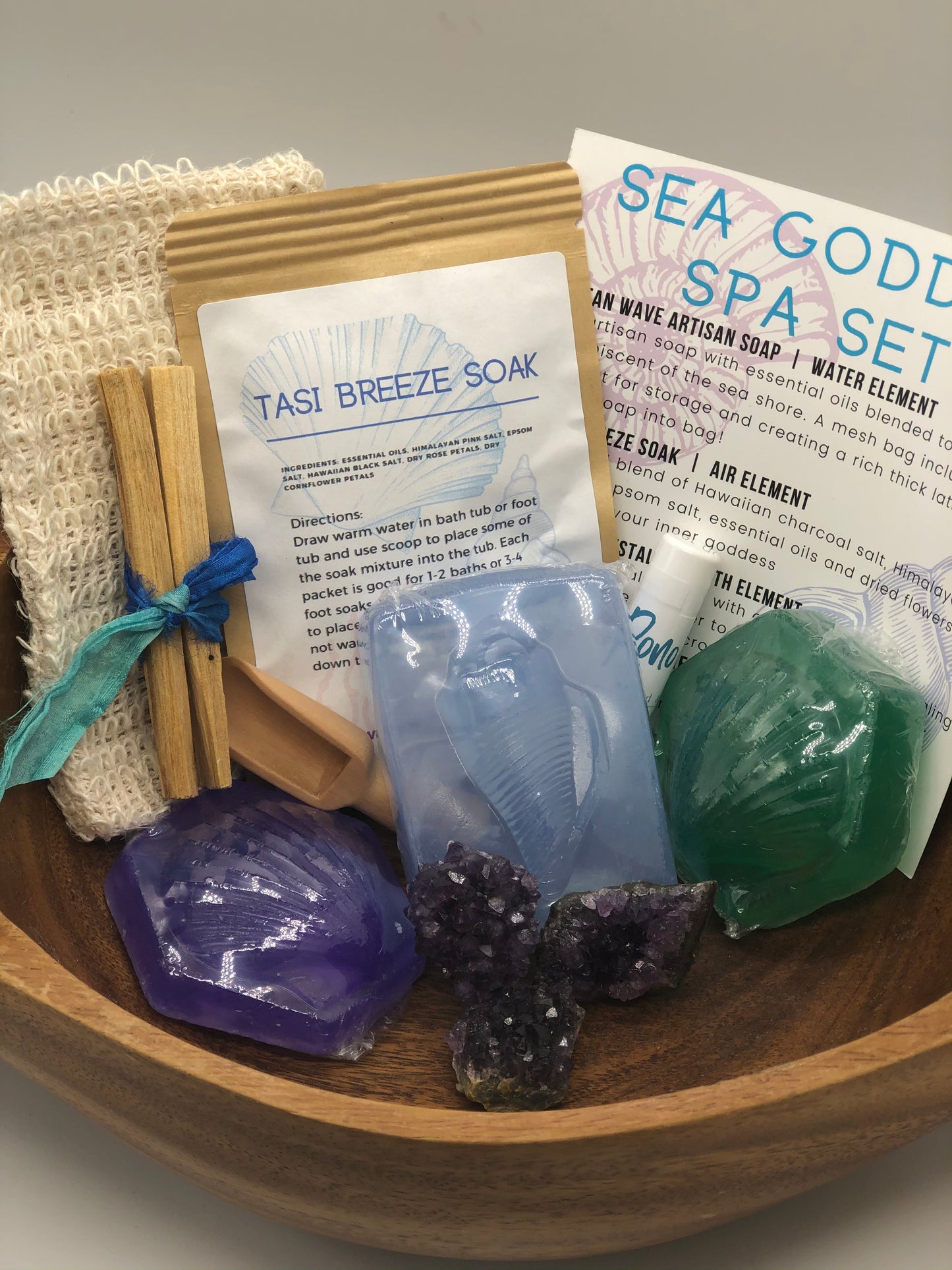 Spa gift set mermaid ocean theme. Artisan soap , tropical bath salt, Palo Santo, mini scoop and crystal cluster.